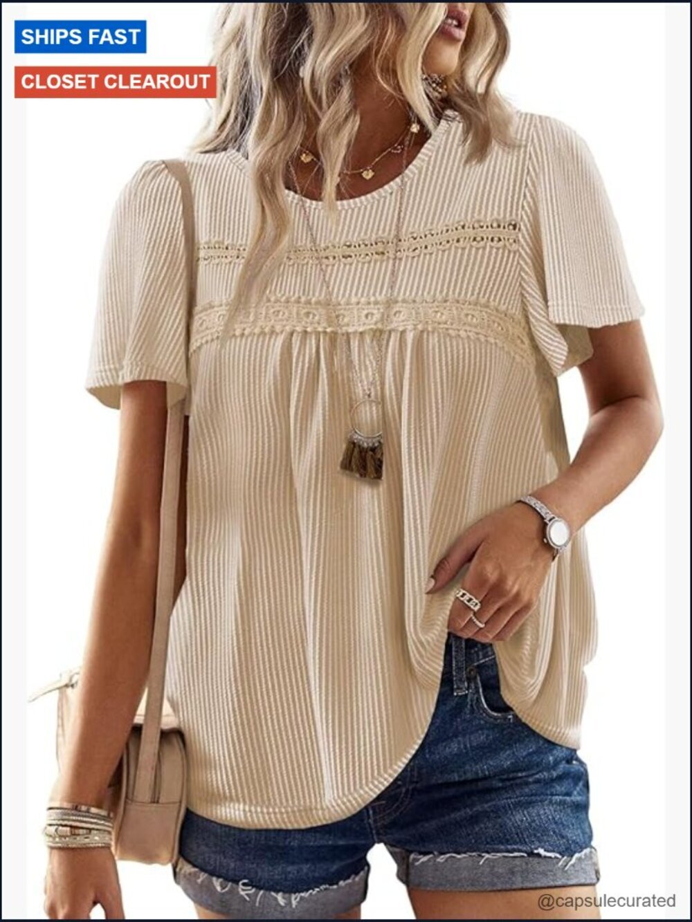 Womens Crewneck Short Sleeve Striped Blouse Boho Flowy Top